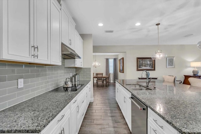 kitchen with sink, dishwasher, an island with sink, black electric stovetop, and white cabinets