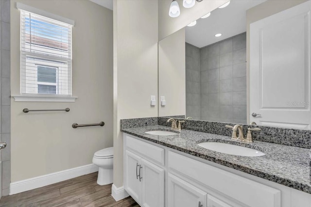 bathroom with vanity, hardwood / wood-style flooring, and toilet