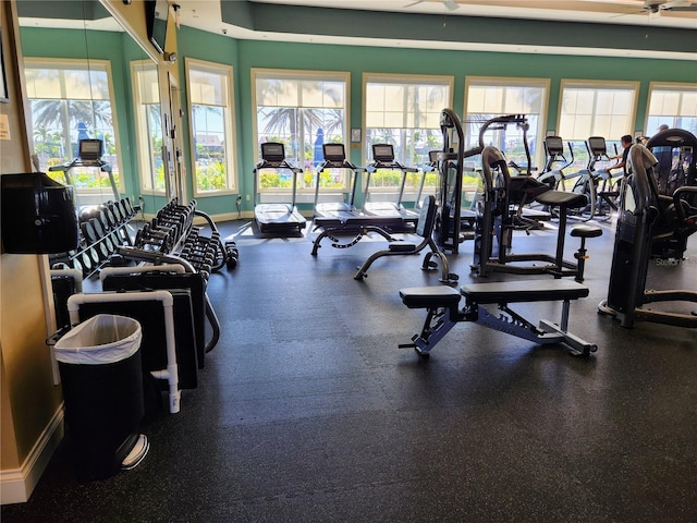 workout area with ceiling fan