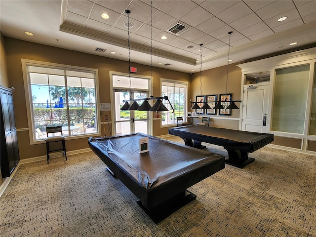 rec room with crown molding, pool table, and a raised ceiling