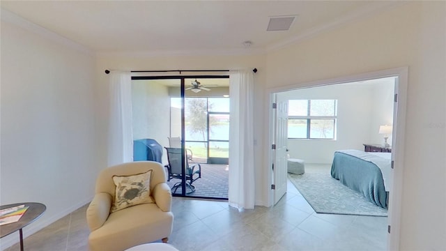 tiled bedroom with crown molding