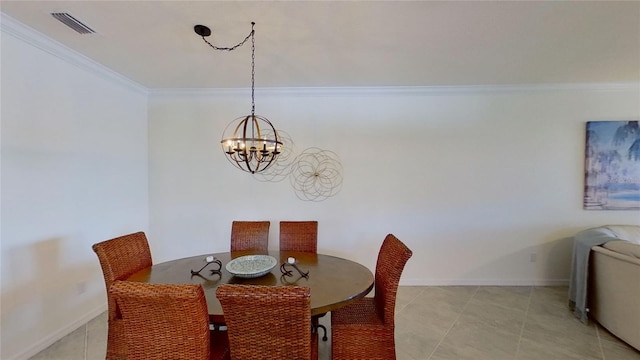 dining space with an inviting chandelier, light tile patterned floors, and ornamental molding