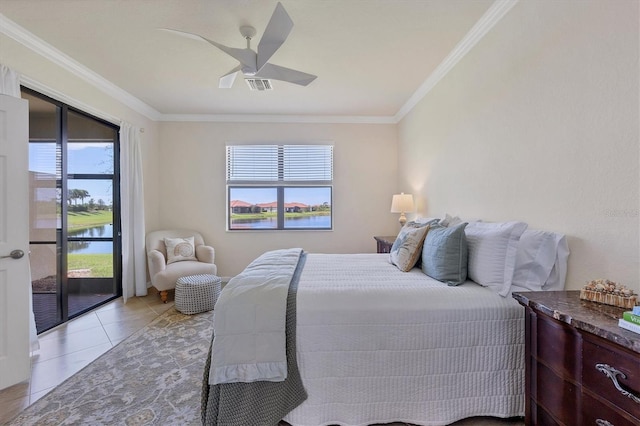 bedroom with a water view, access to exterior, light tile patterned floors, and crown molding