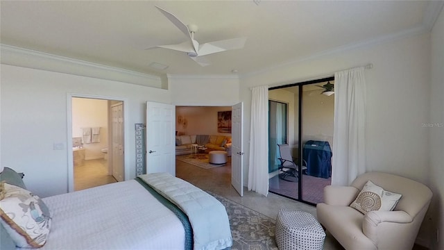 bedroom featuring crown molding, ensuite bath, a closet, and ceiling fan