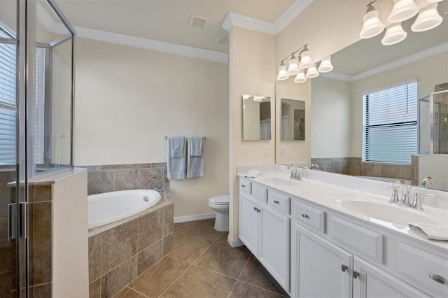 full bathroom featuring tile patterned flooring, vanity, ornamental molding, and toilet