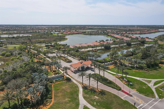 bird's eye view with a water view