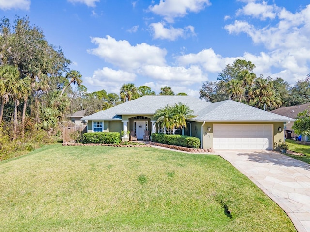 ranch-style house with a garage and a front lawn