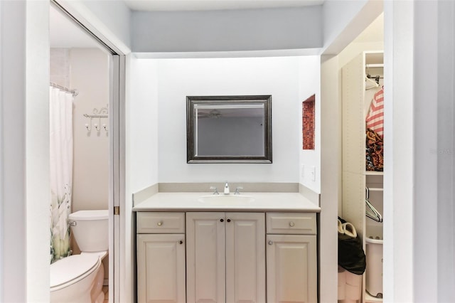 bathroom with vanity, toilet, and a shower with shower curtain