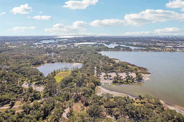 drone / aerial view with a water view