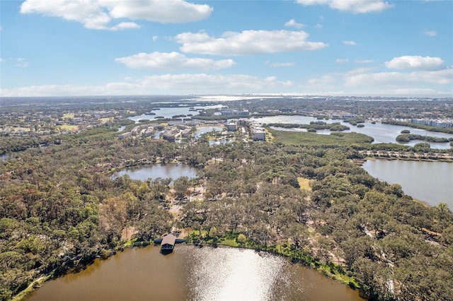 drone / aerial view with a water view