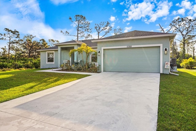 ranch-style house with a garage and a front lawn