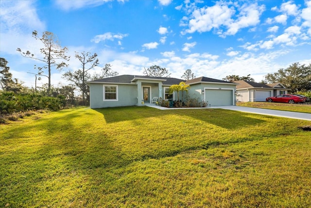 ranch-style home featuring a garage and a front lawn