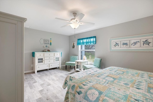 bedroom featuring ceiling fan and light wood-type flooring