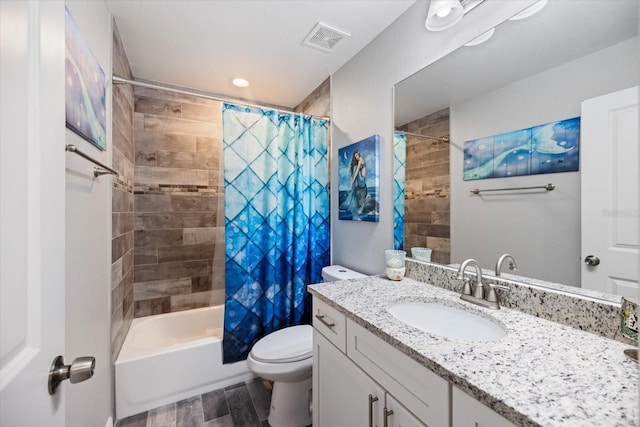 full bathroom featuring shower / tub combo with curtain, vanity, toilet, and hardwood / wood-style floors