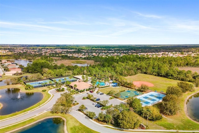 bird's eye view with a water view