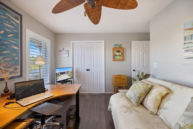 office featuring ceiling fan, dark hardwood / wood-style floors, and a textured ceiling