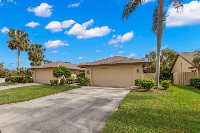 single story home with a garage and a front yard