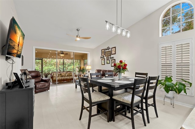 dining room featuring high vaulted ceiling and ceiling fan