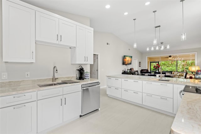 kitchen with pendant lighting, sink, white cabinets, stainless steel dishwasher, and light stone countertops