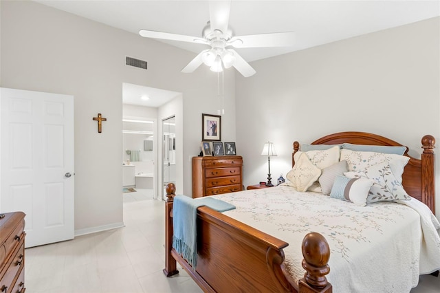 bedroom featuring ensuite bathroom and ceiling fan