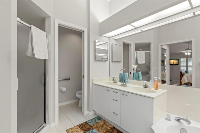 full bathroom with tile patterned flooring, vanity, independent shower and bath, and toilet