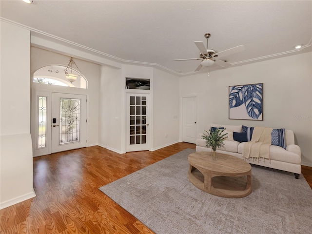 1093 Laurel Woods Dr, Nokomis, FL 34275 - living room featuring wood finished floors, ceiling fan, baseboards, and recessed lighting