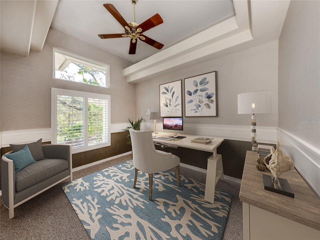 1093 Laurel Woods Dr, Nokomis, FL 34275 - office area featuring wainscoting, carpet, and a ceiling fan