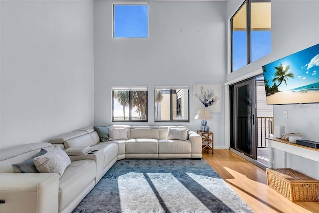 living room featuring wood-type flooring and a high ceiling