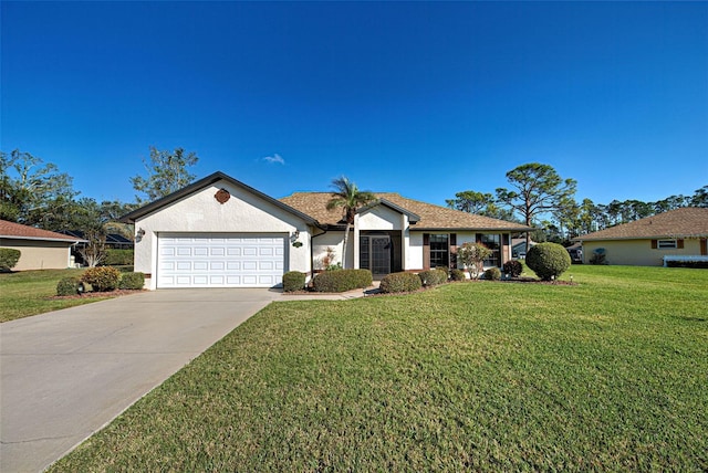 single story home with a garage and a front yard