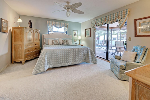 bedroom with access to outside, light colored carpet, and ceiling fan