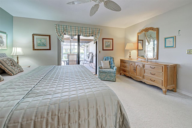 bedroom featuring ceiling fan, light carpet, and access to outside