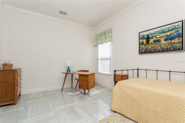 bedroom featuring crown molding and light tile patterned floors