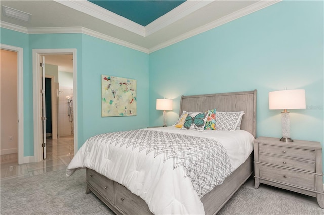 carpeted bedroom with ornamental molding