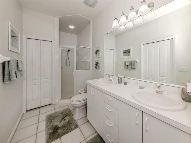 bathroom with toilet, vanity, a shower with door, and tile patterned flooring