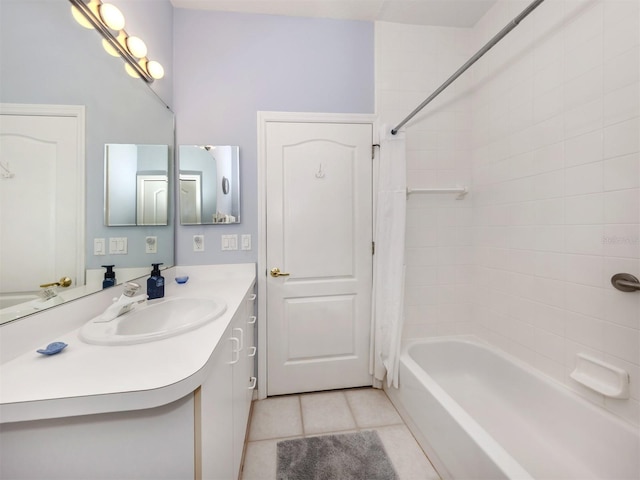 bathroom with tile patterned flooring, vanity, and shower / tub combo with curtain