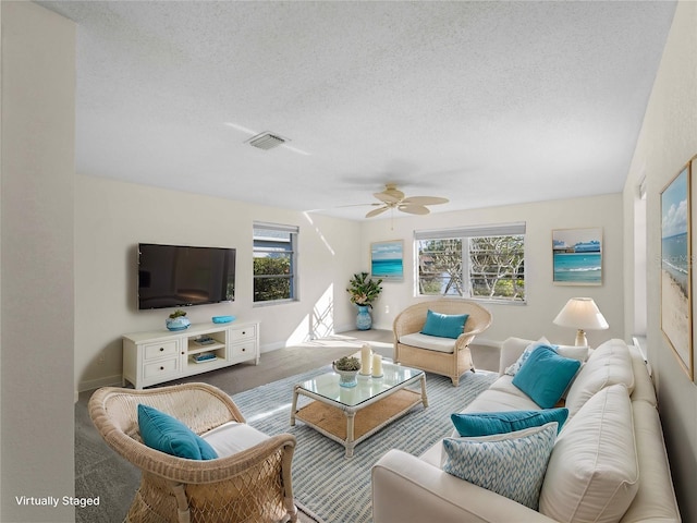 18053 Cullman Ave, Port Charlotte, FL 33948 - living room with ceiling fan, plenty of natural light, visible vents, and a textured ceiling
