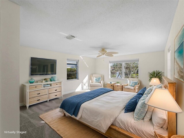 18053 Cullman Ave, Port Charlotte, FL 33948 - bedroom with visible vents, dark carpet, a textured ceiling, and multiple windows