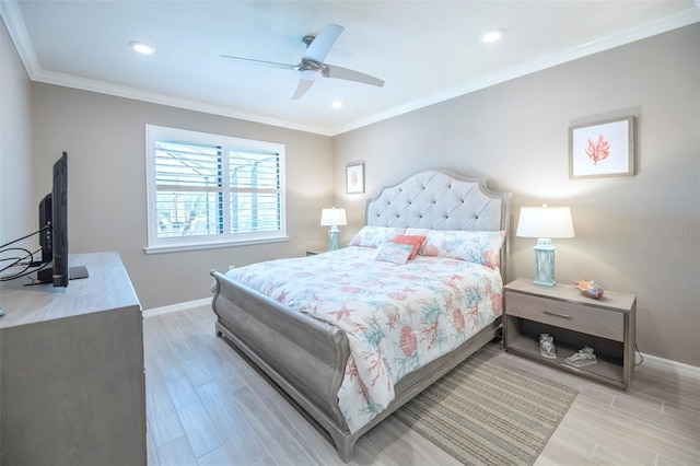 bedroom featuring crown molding, ceiling fan, and light hardwood / wood-style flooring