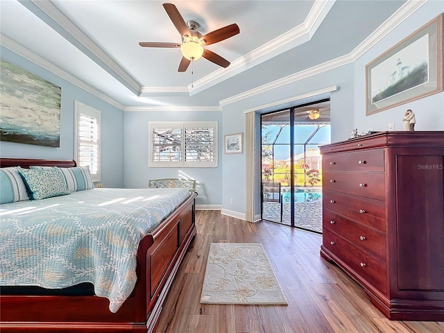 bedroom with multiple windows, access to outside, light wood-type flooring, and a tray ceiling