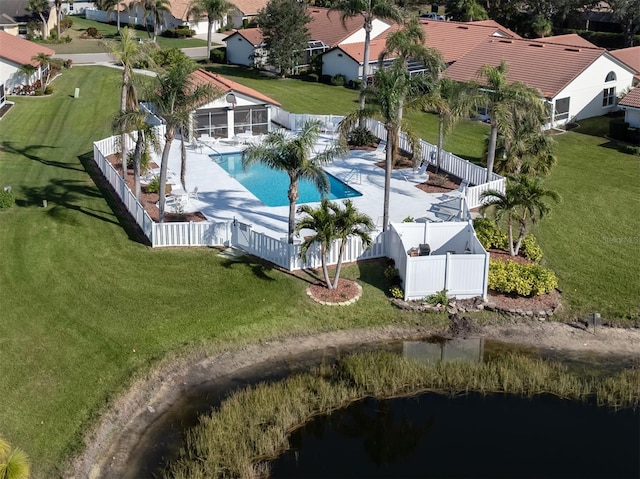 drone / aerial view featuring a water view