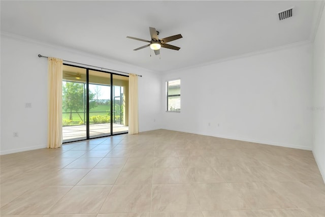 unfurnished room with crown molding, light tile patterned floors, and ceiling fan