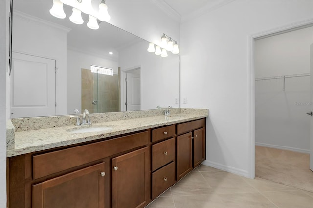 bathroom featuring tile patterned floors, ornamental molding, vanity, and a shower