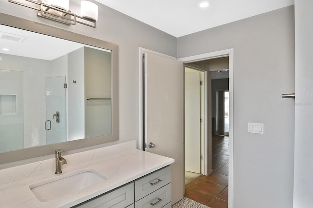 full bathroom with a stall shower, vanity, visible vents, and tile patterned floors