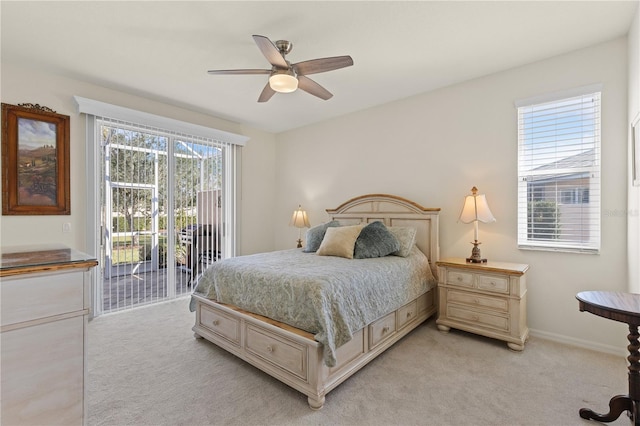 bedroom with light carpet, access to outside, a ceiling fan, and baseboards