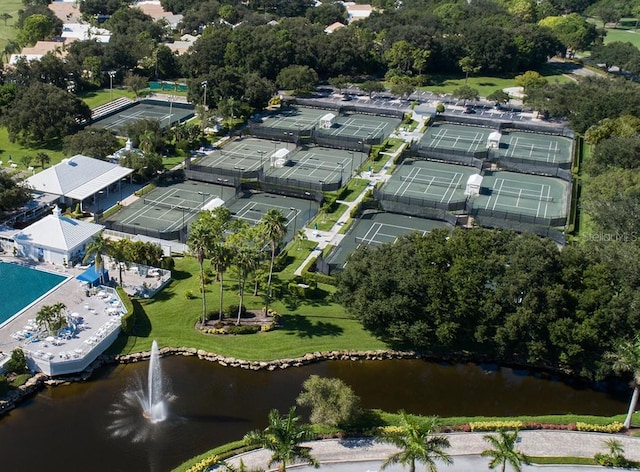 birds eye view of property featuring a water view