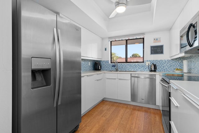 kitchen featuring sink, appliances with stainless steel finishes, a tray ceiling, white cabinets, and backsplash