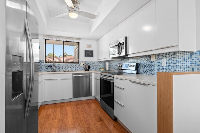 kitchen with appliances with stainless steel finishes, sink, white cabinets, decorative backsplash, and a tray ceiling