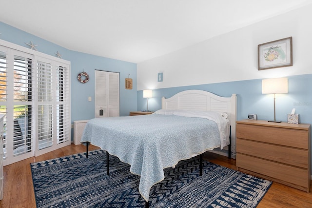 bedroom with wood-type flooring and a closet