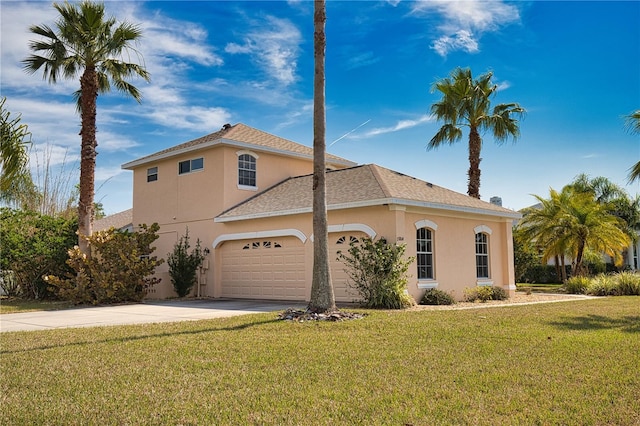 mediterranean / spanish home featuring a garage and a front yard