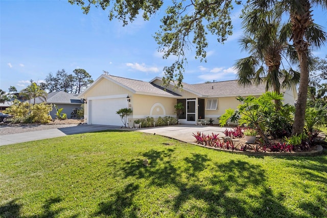 single story home featuring driveway, an attached garage, a front lawn, and stucco siding